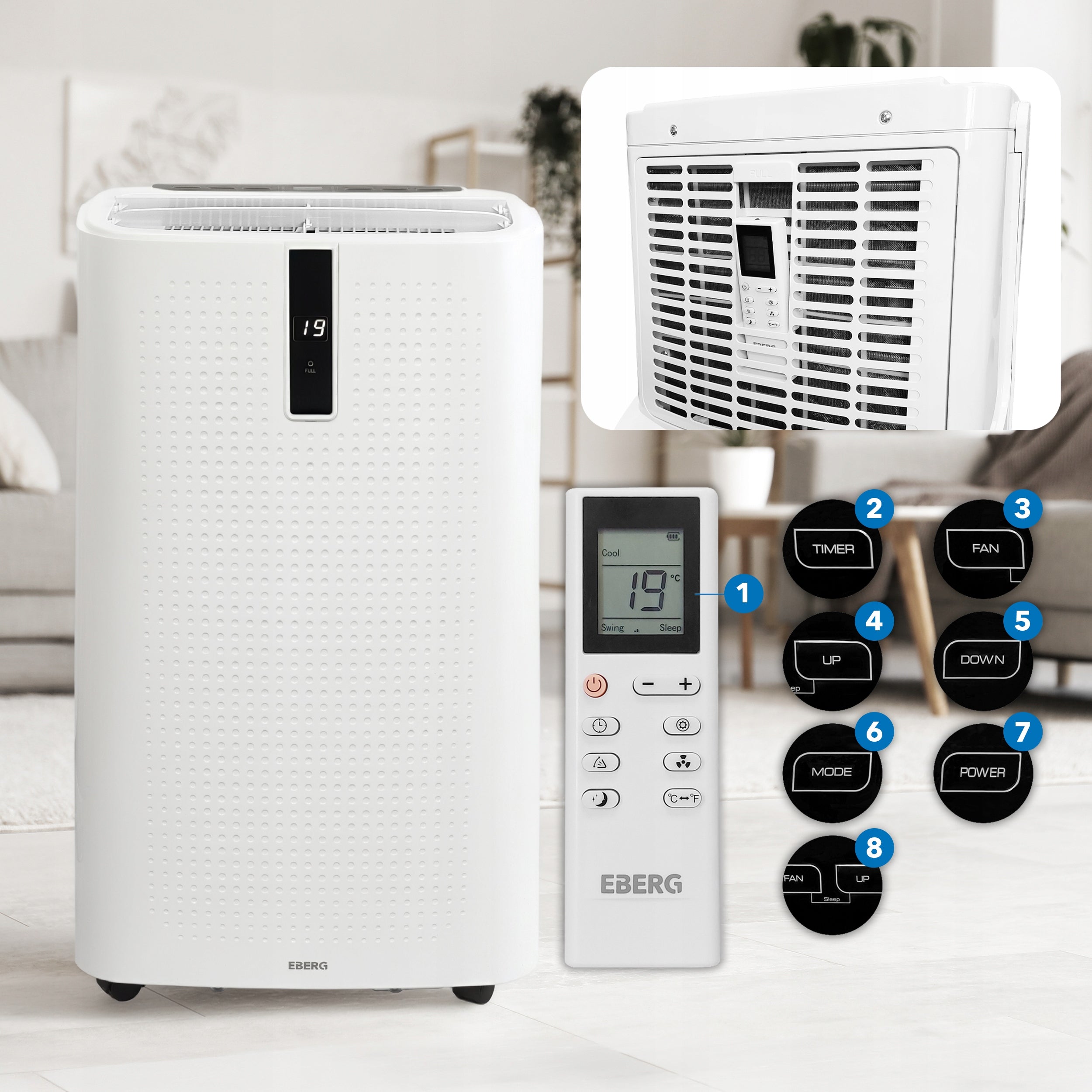 Portable air conditioner EBERG ENVA 3,5kW 3in1 WiFi dehumidifier 56l/24h+ClimaLock Control manual with the remote control