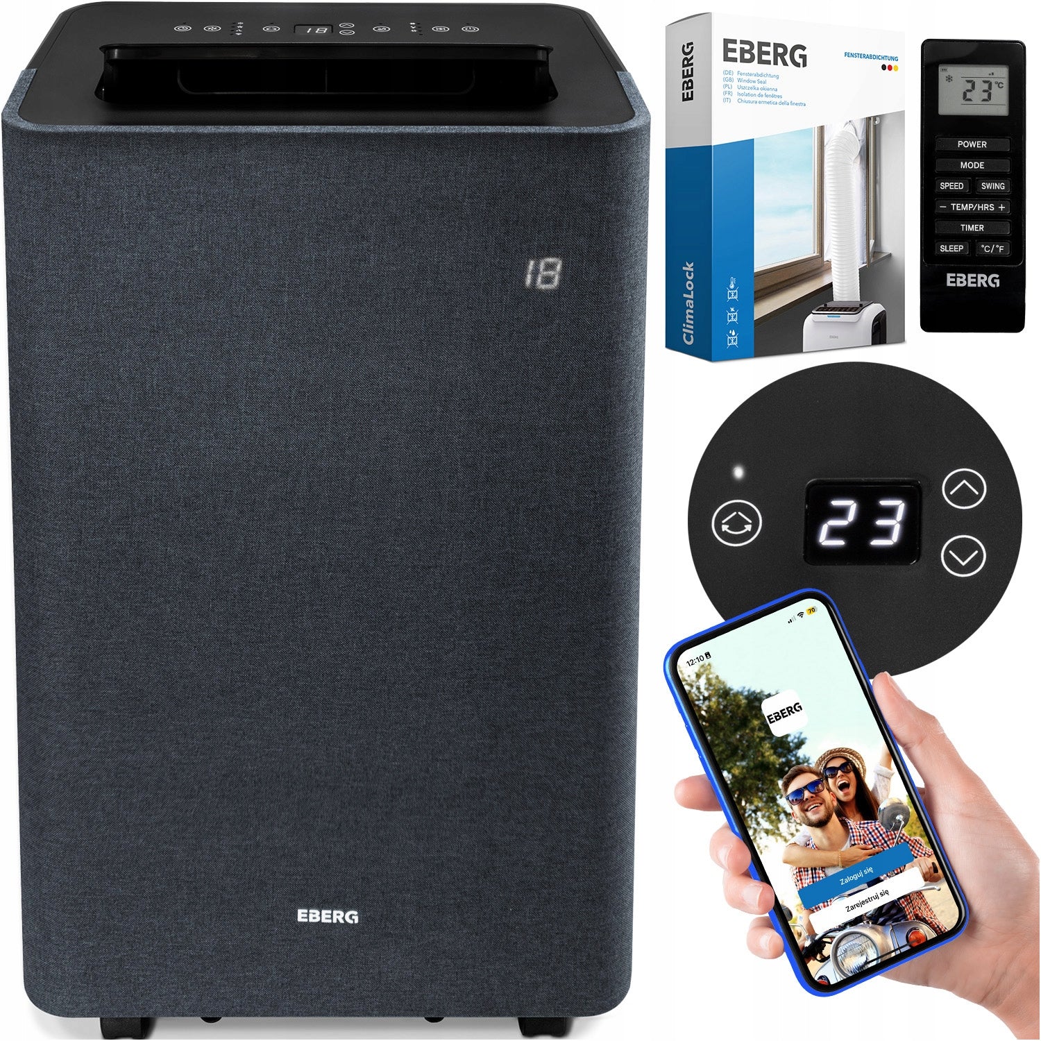 Portable air conditioner EBERG TEXO 3,5kW +WiFi +ClimaLock quiet powerful 2xLED Manufacturer code Klimatyzator przenośny 12000 BTU 3,5kW +WiFi