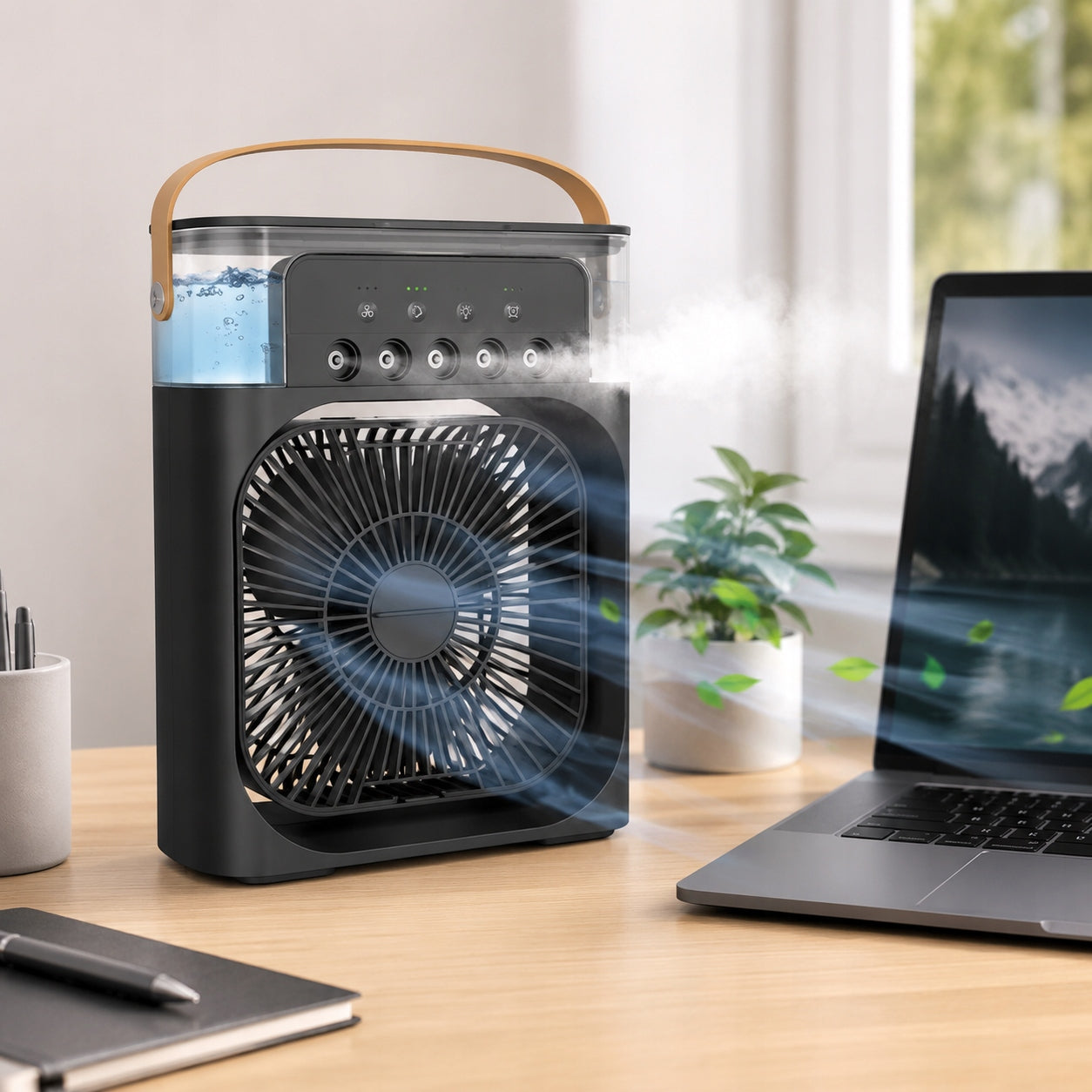 Portable air conditioner and air cooler, 600 mL, plug-in fan Dominant color black