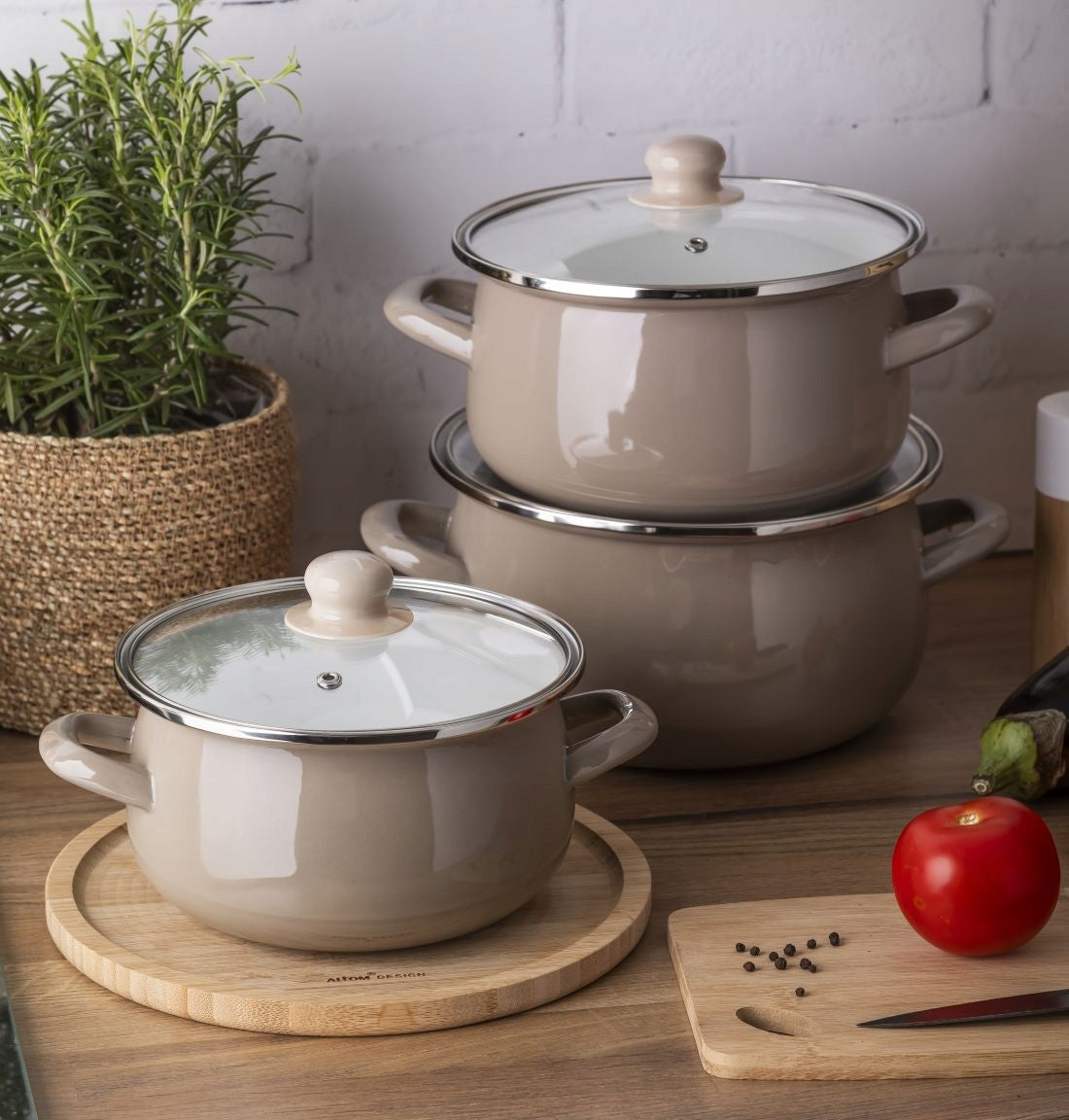 Pot 1,3 l Enamel pot induction gas with lid Altom Design taupe Brand Altom Design