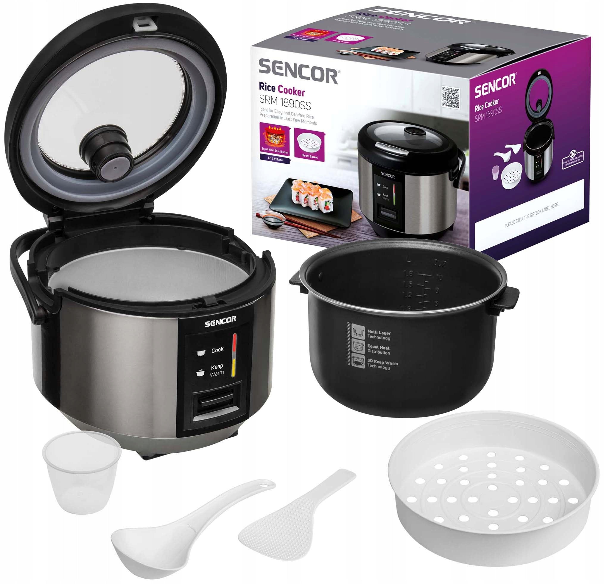 Pot Rise Cooker SENCOR SRM1890SS for cooking rice vegetables RICE COOKER 1.8L Manufacturer code SRM 1890SS