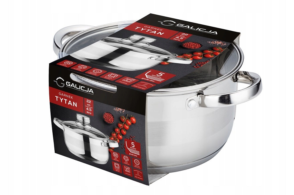 Pot Titanium Galicja 22 cm 4,5 l with glass lid – stainless steel Manufacturer code 19815