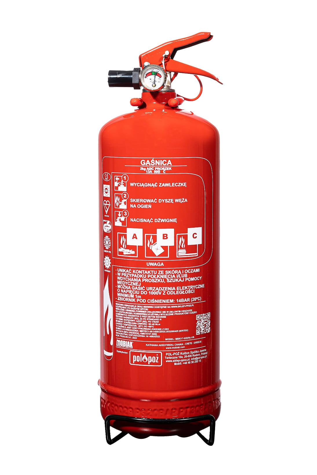 Powder Fire Extinguisher Gp-2x Abc 2 kg + Holder Certificates Legalization 2027r Manufacturer code MBK17-020PA-VR