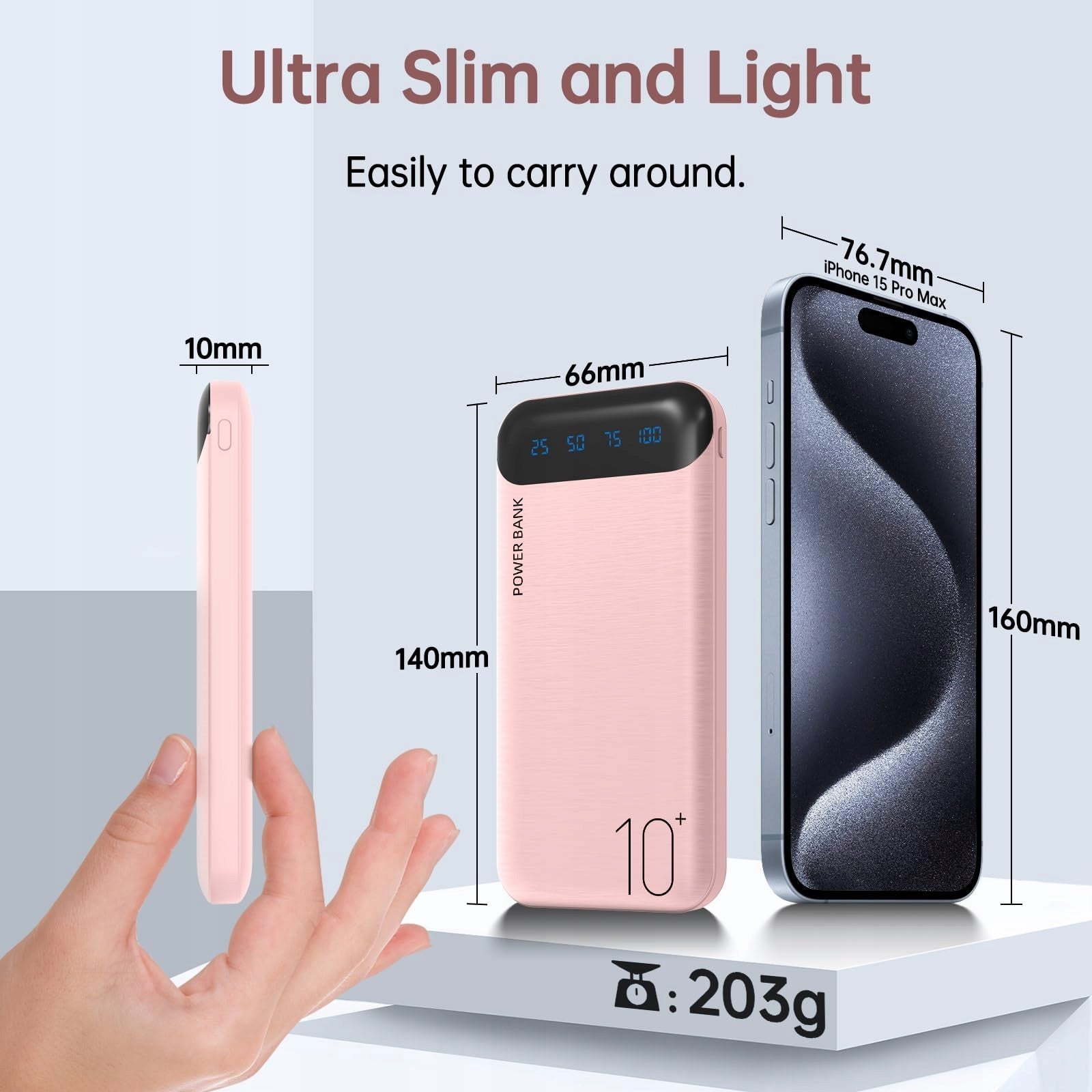 Power Bank 10000mAh Pink 2x USB /USB-C/Micro USB Packaging status original