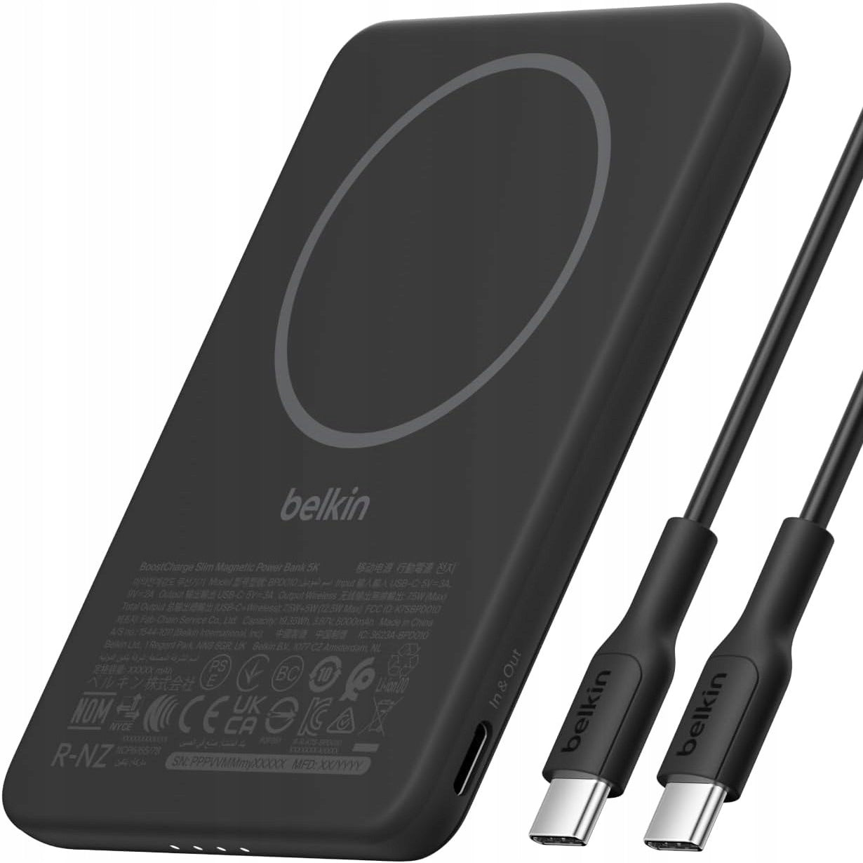 Power Bank Qi 7,5W 5K 5000mAh Battery for MagSafe, USB-C 15W, Belkin Slim