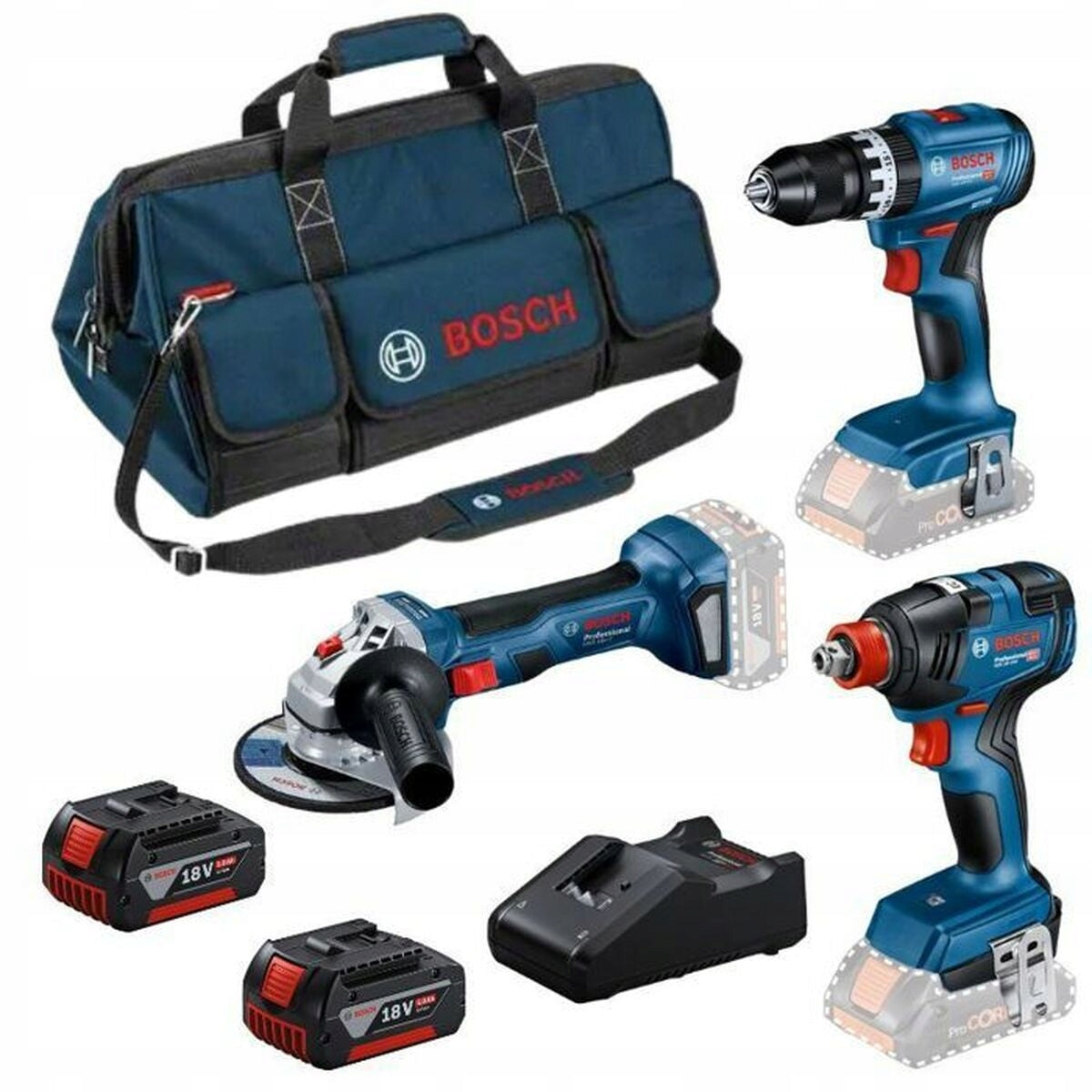 Power tool set Bosch GSB 18V-45 + GDX 18V-200 + GWS 18V-7
