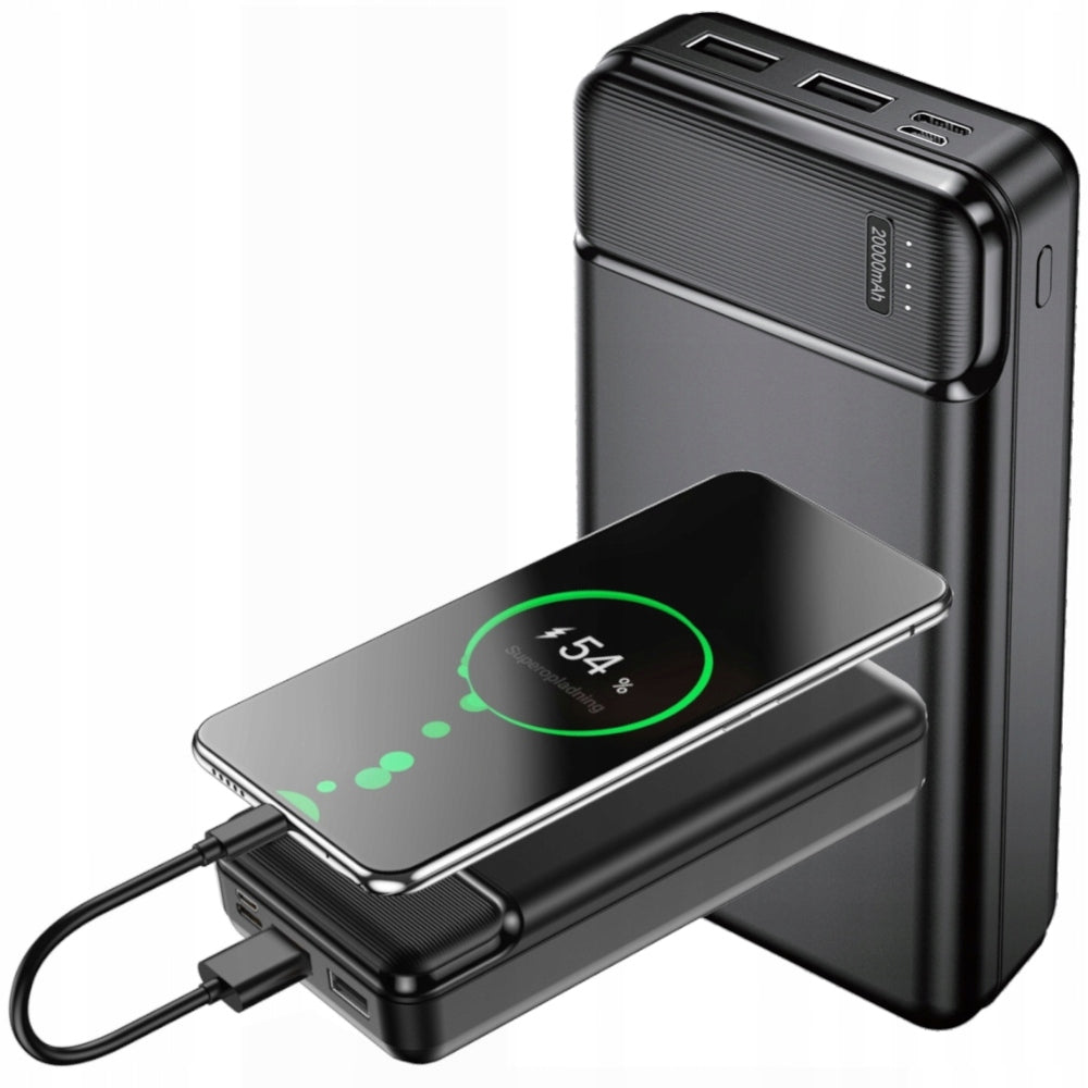 PowerBank 20000mAh Power Bank 2x USB 2in1 LED Black Strong Safe +Cable