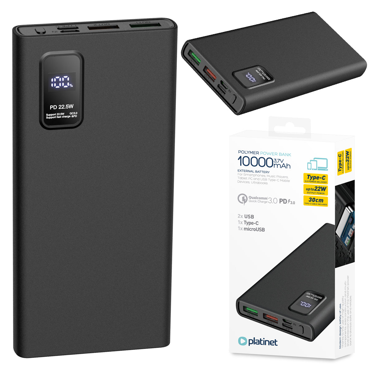 Powerbank 10000 mAh Power Delivery 3.0, Quick Charge, Led Screen Black 20W Manufacturer code 45726