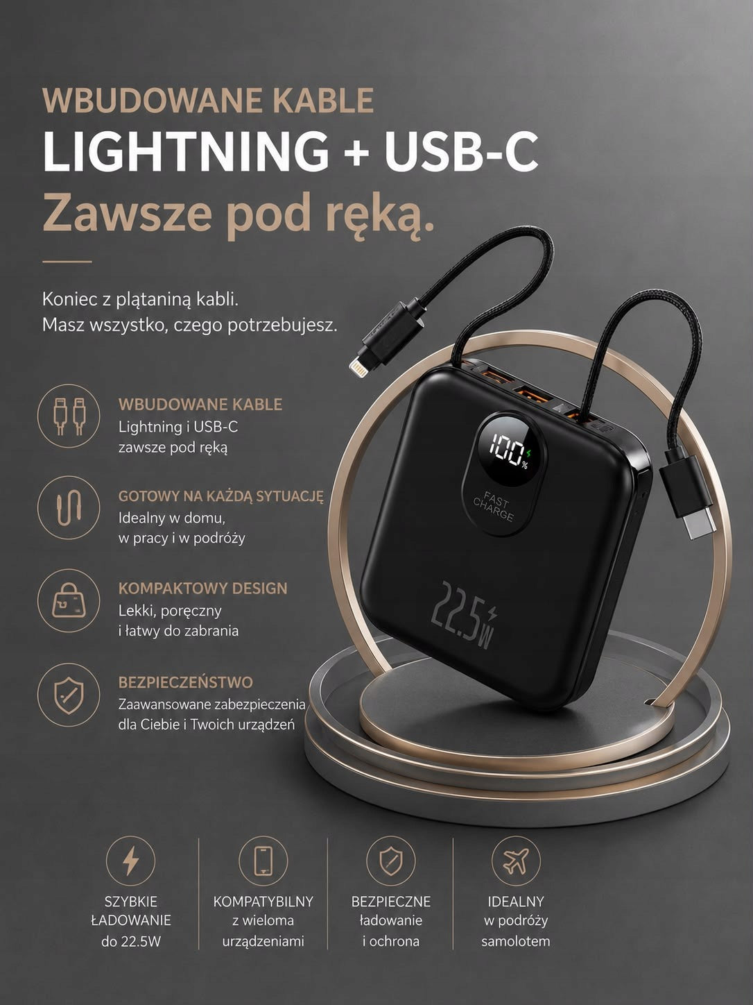 Powerbank 10000mAh 22,5W Built-in USB-C Lightning Cables LED Display Manufacturer code DX239