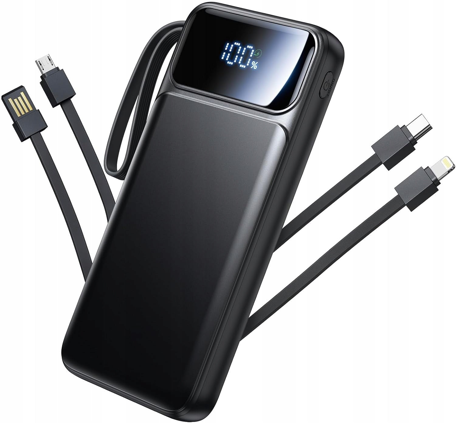 Powerbank 10000mAh Slim Built-in 4in1 Cables Black USB-C iPhone Samsung