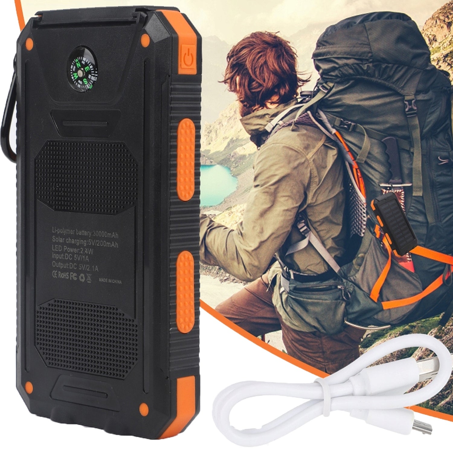 Powerbank 30000mAh Solar Waterproof Compass LED Fast Charging PD
