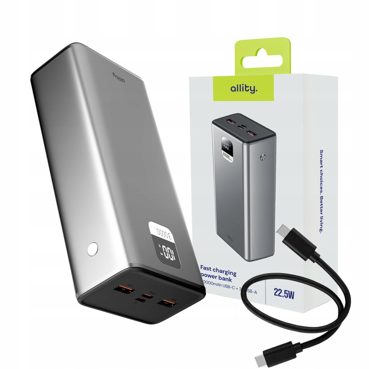 Powerbank 30000mAh USB-C 22,5W Power Bank USB A ALUMINUM POWERFUL + CABLE