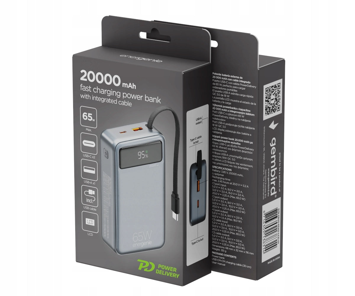 Powerbank Gembird 65W 20000 mAh LCD with USB-C cable 1xUSB-A 1xUSB-C Screen Brand Gembird