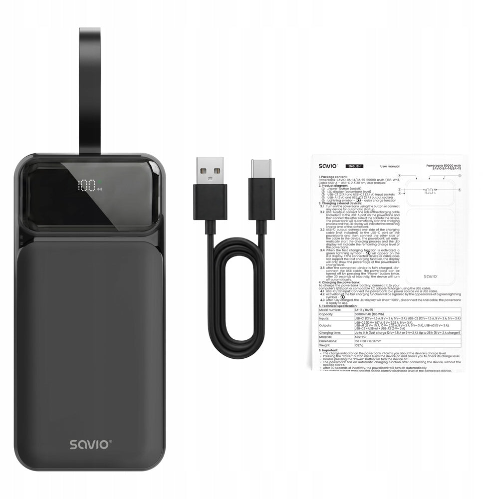 Powerbank SAVIO BA-14 50000mAh 185Wh 20W USB-C USB-A LED Fast Charging Manufacturer code SAVBA-14