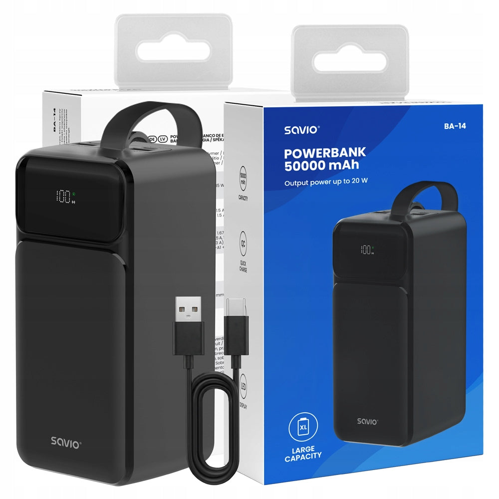 Powerbank SAVIO BA-14 50000mAh 185Wh 20W USB-C USB-A LED Fast Charging