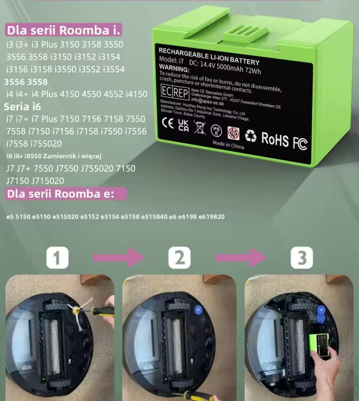 Powerful Battery for iRobot Roomba i7 i3 i4 e5 e6 5000mAh 14,4V Manufacturer code i7R5