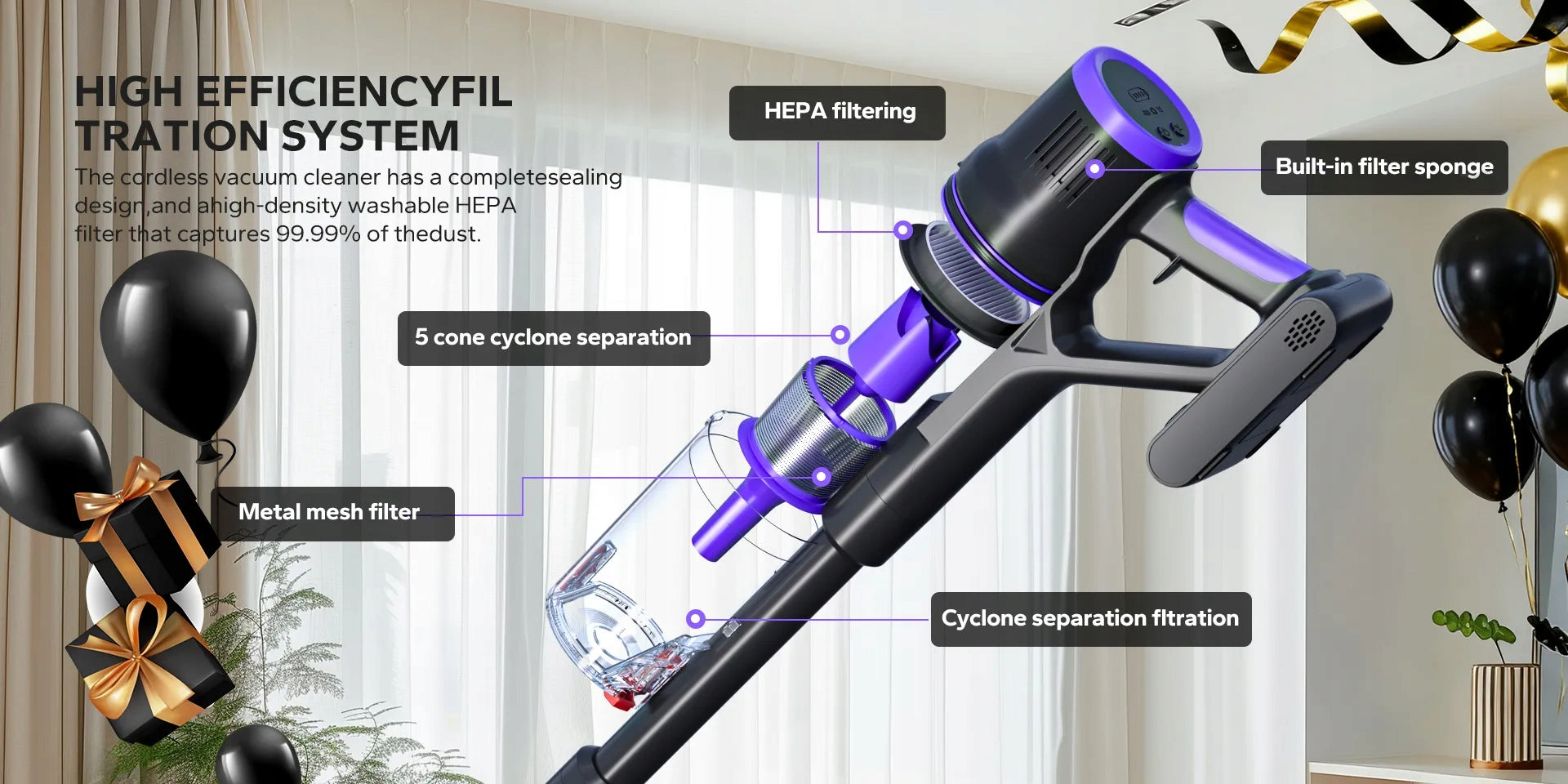 Powerful Upright Cordless Vacuum Cleaner Blossom DSV112A 600W 55000PA Dominant color purple