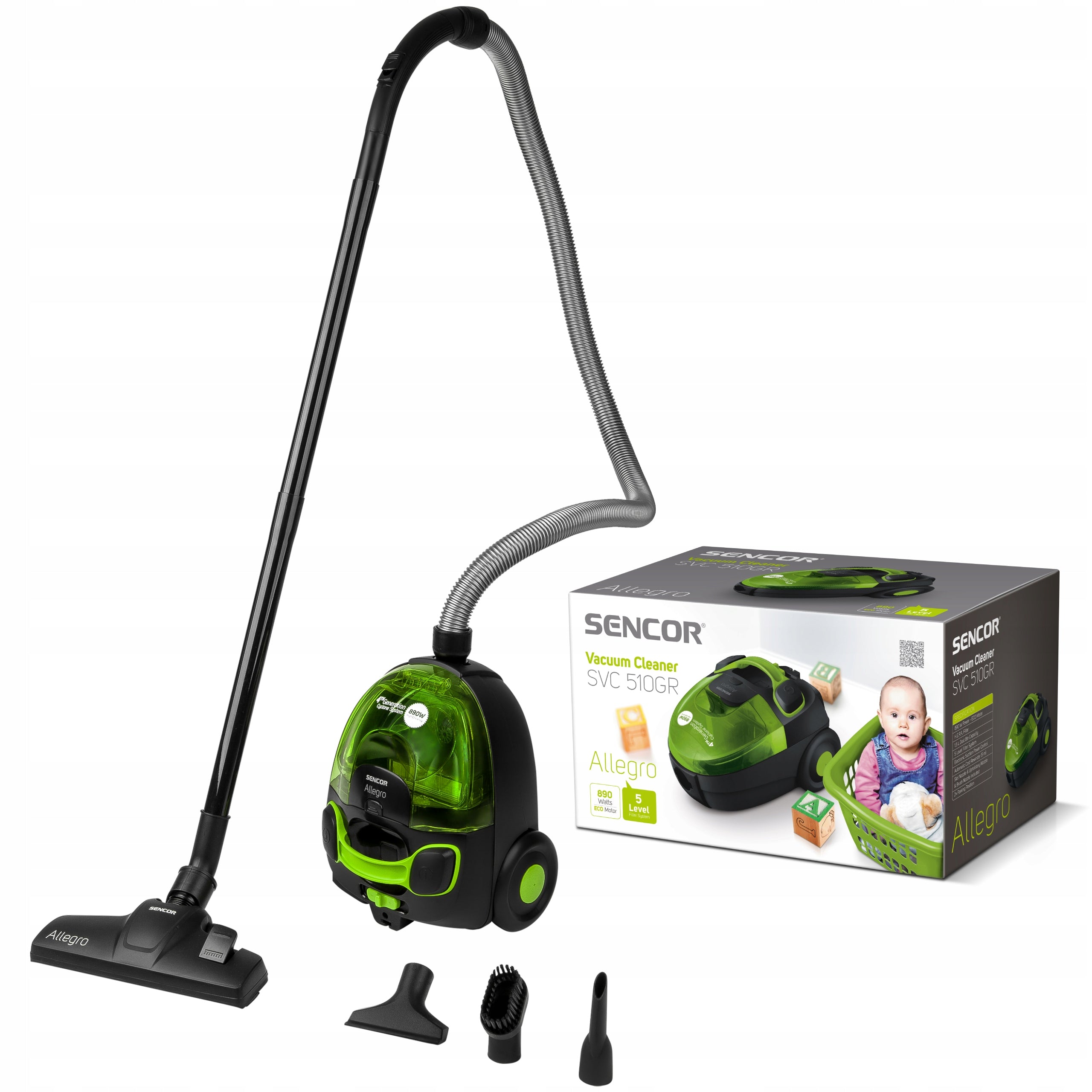 Powerful bagless vacuum cleaner 890W HEPA for allergy sufferers 76 dB Sencor SVC 510GR
