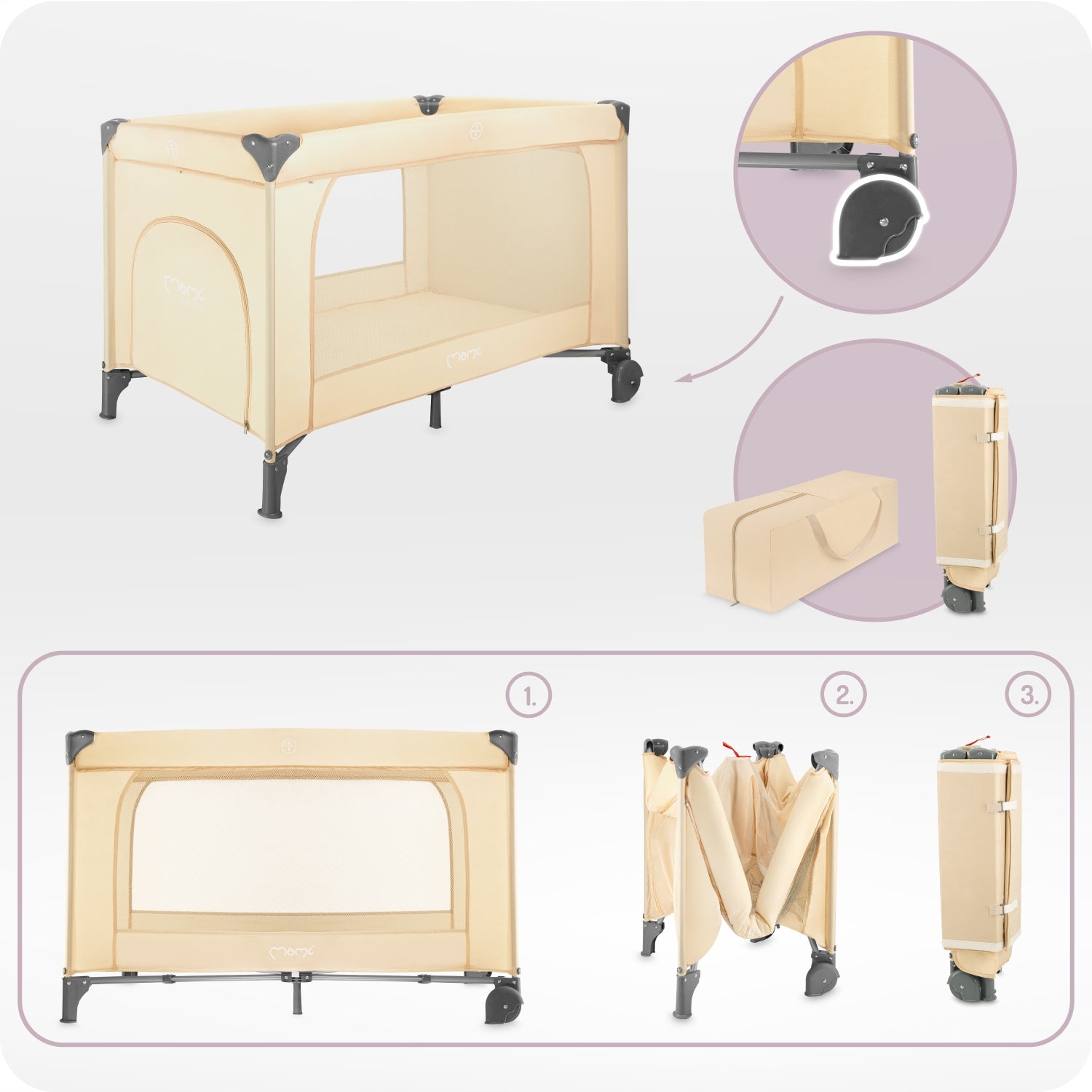Premium 2in1 Travel cot MoMi BELOVE PLUS - changing table mattress bag Manufacturer code LOZE00026