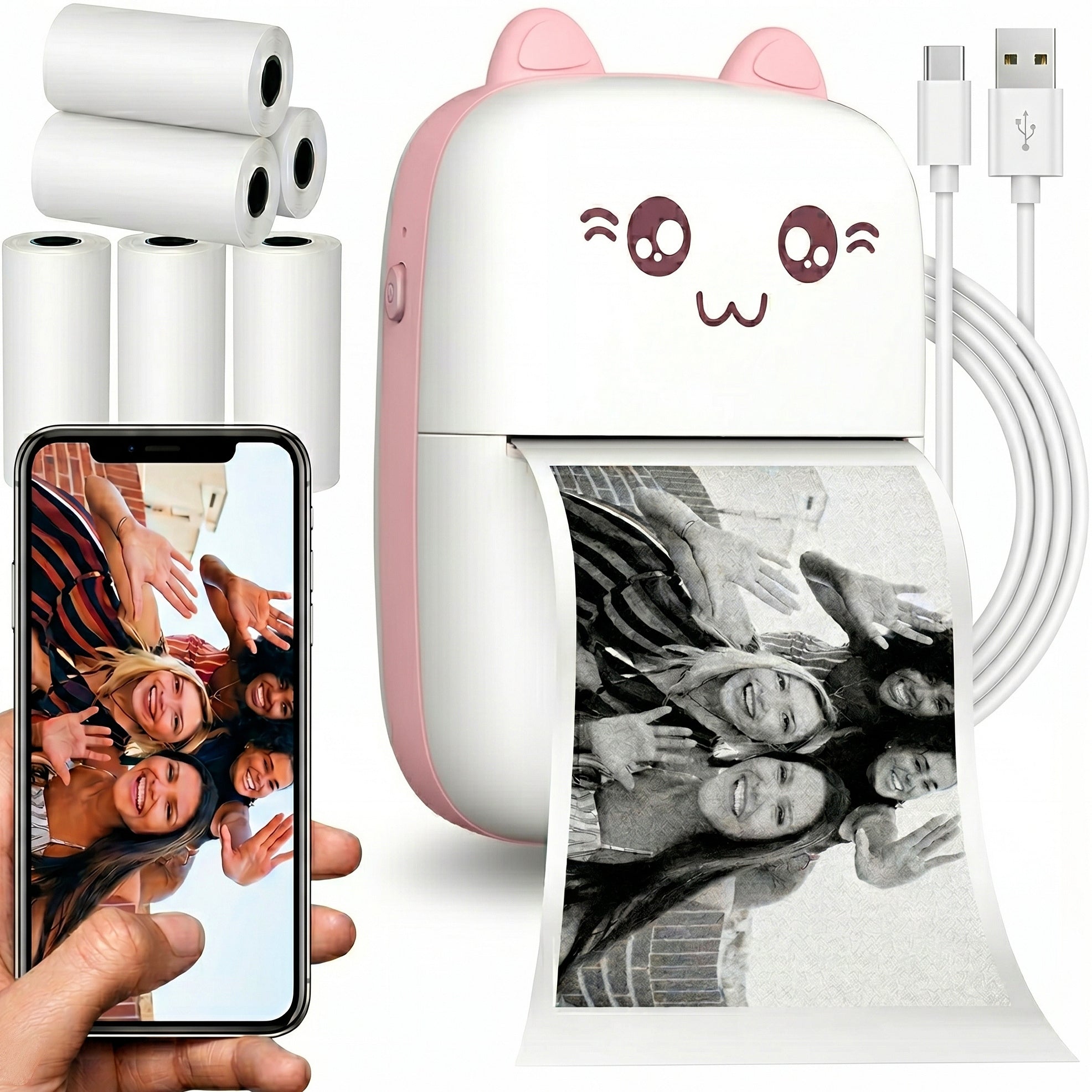 Print Mini Kids Printer Thermal Kitten Bluetooth + 6 Rolls Paper