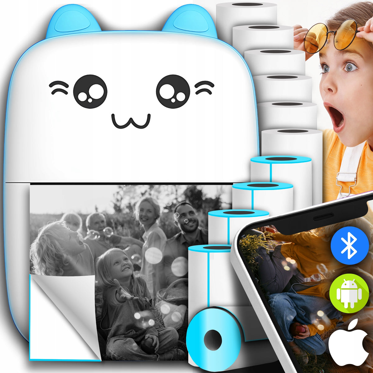 Print Mini Thermal Printer Mini Cat for Photo Stickers + 11 Pieces Rolls