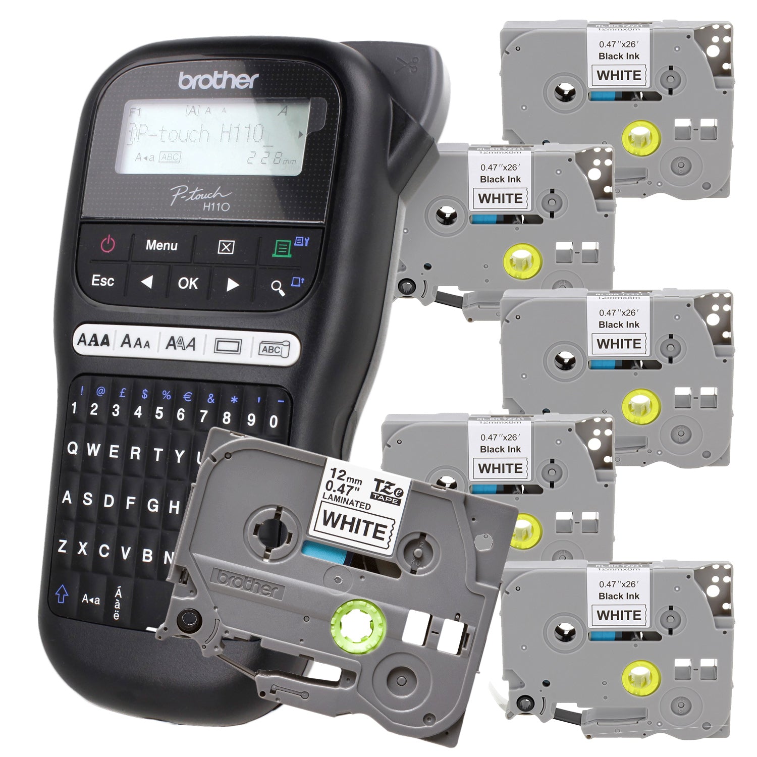 Printer set Brother PT-H110 + 5x TZE-231 white black P-Touch print Packaging status original