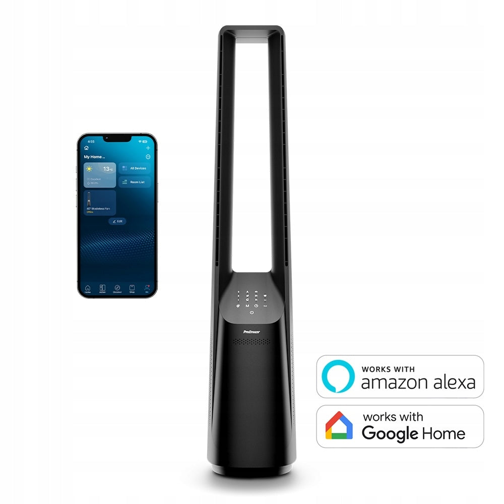 Pro Breeze 40" Bezłopatkowy Wentylator Wieżowy Smart Sterowanie - Czarny