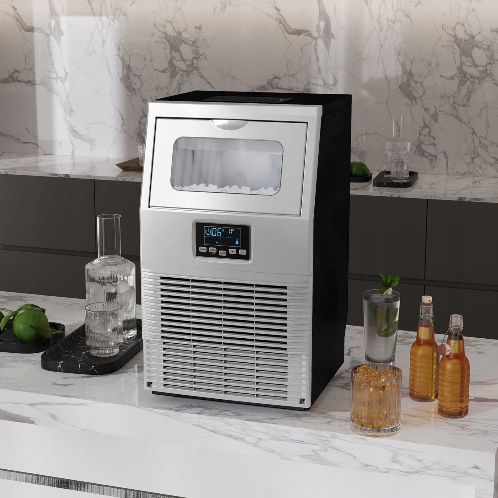 Professional LED Ice Cube Machine, Drawer, Silver Dominant color black