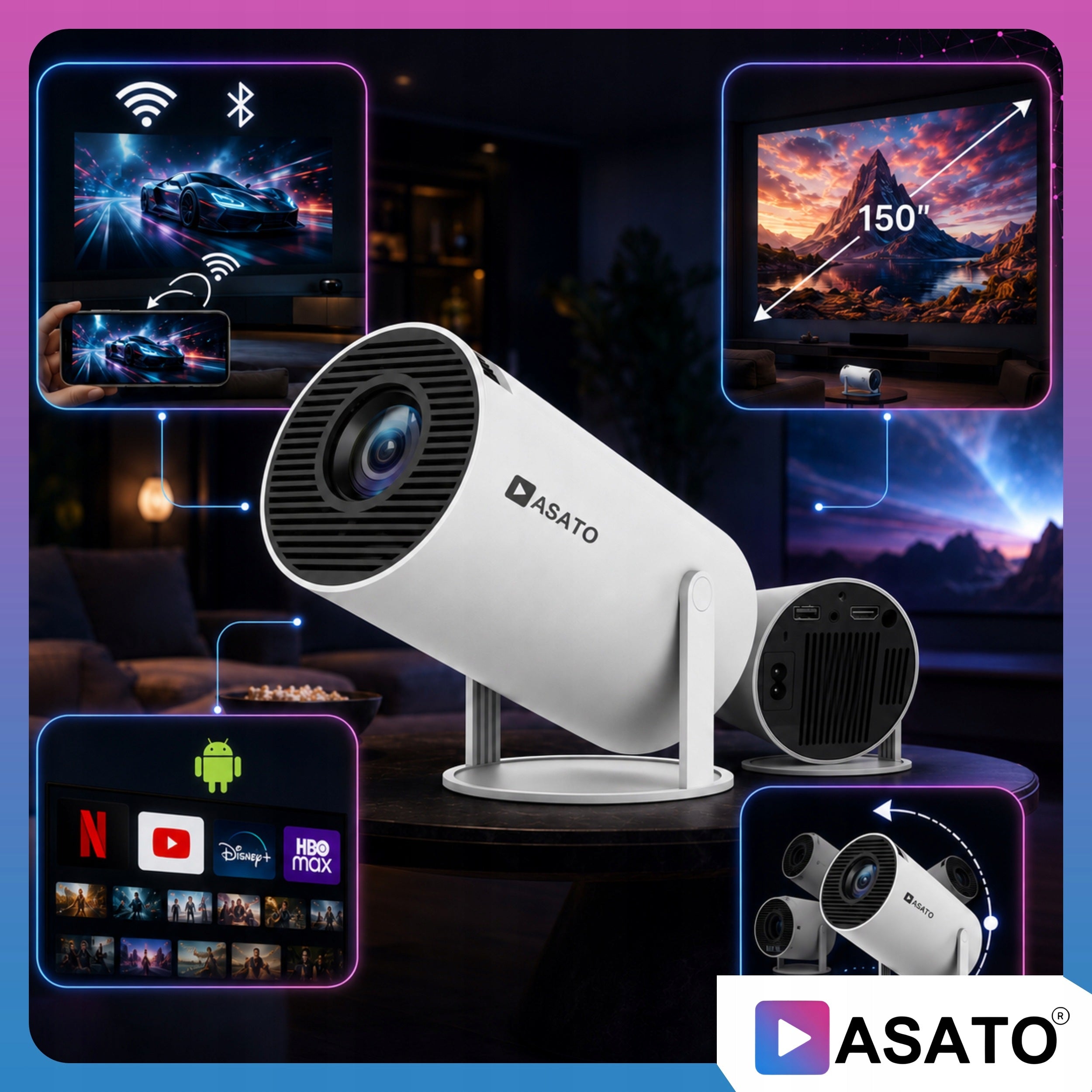 Projector Android TV WiFi SMART Bluetooth 5.0 HDMI 4K Screen 150’ Packaging status original