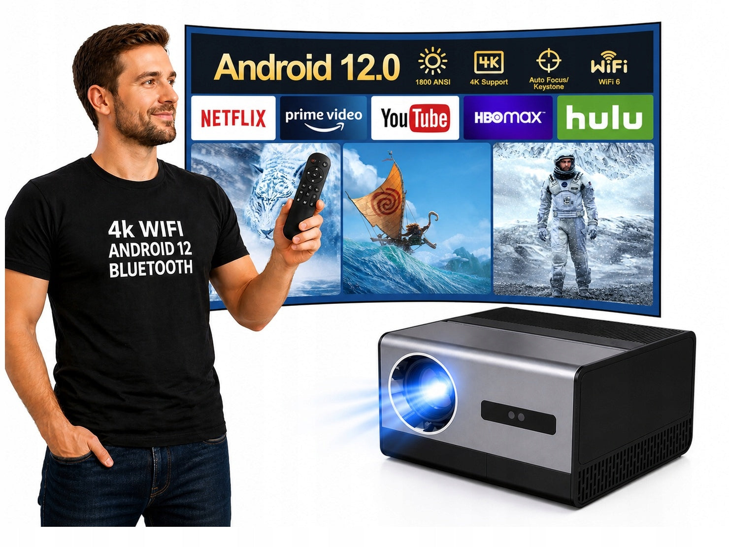 Projector HOME THEATER 4K WIFI Bluetooth PORTABLE ANDROID 12 H50