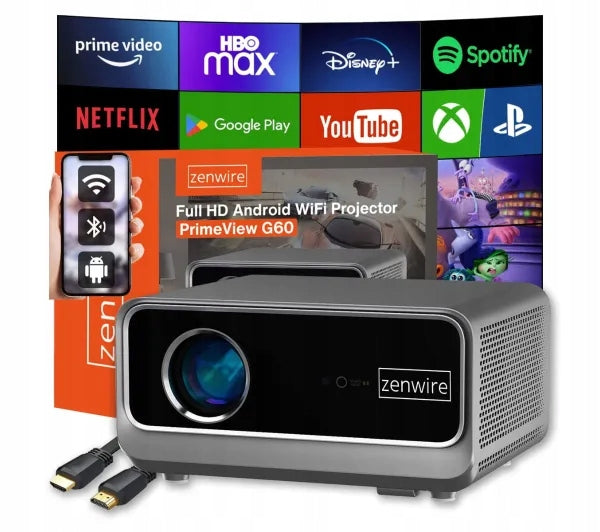 Projector Zenwire G60 FHD 1300 ANSI Google TV Android 14 Wi-Fi BT HDMI Manufacturer code Projektor Full HD 4K WiFi SMART TV Filmowy