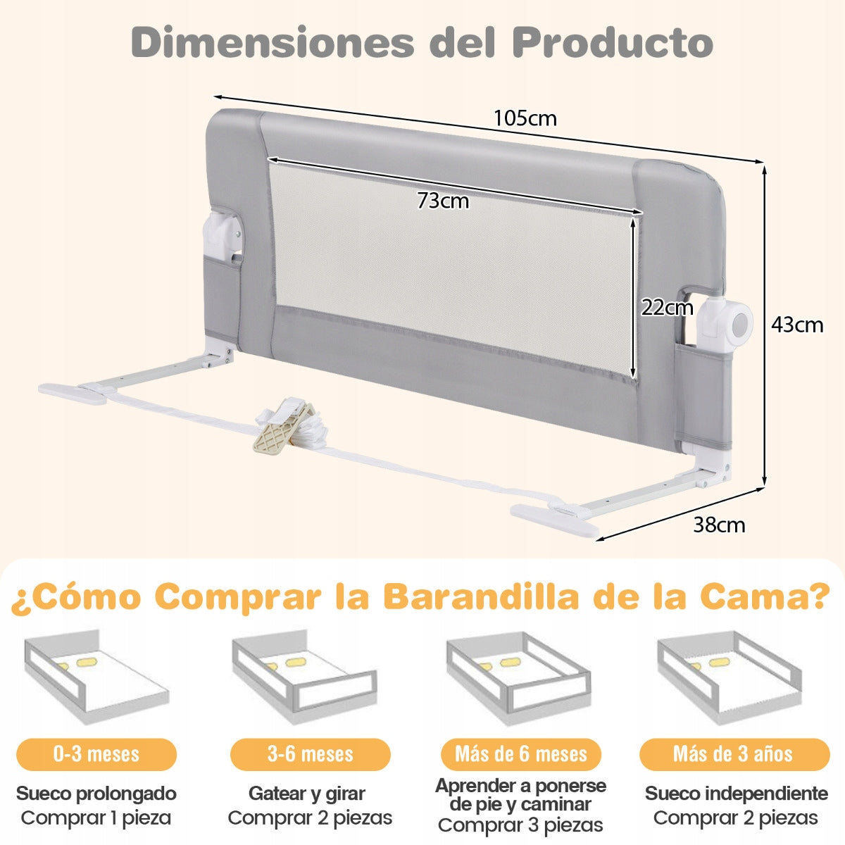 Protective barrier for cot 105 x 40 x 42 cm grey nk Brand Costway