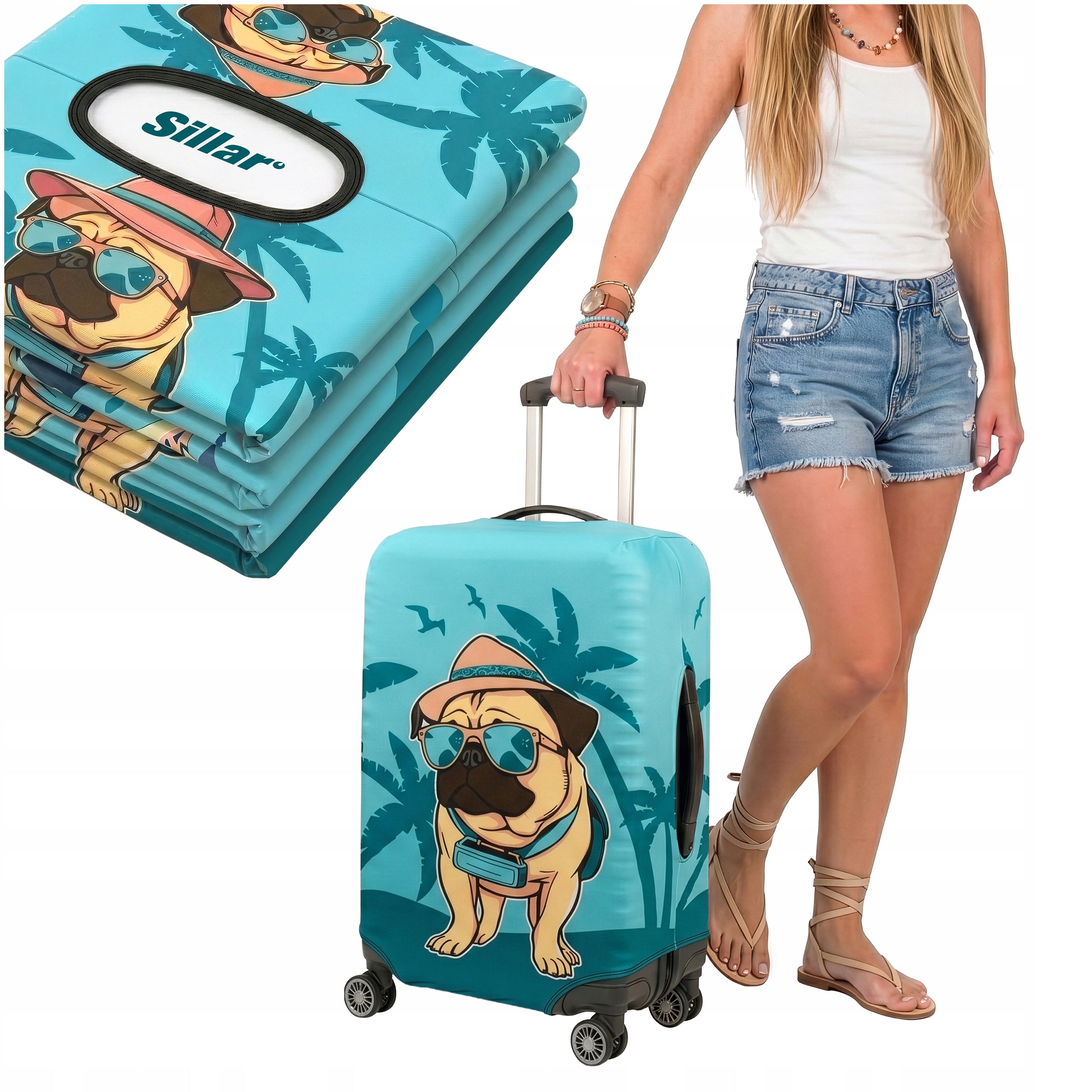 Protective cover for luggage with pug dog motif M 62 x 43 x 27 cm Sillar