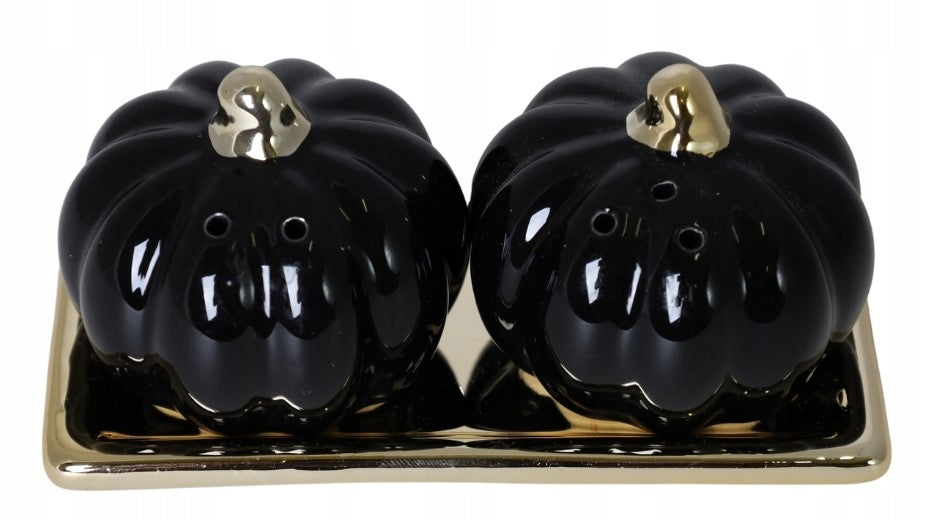Pumpkin Salt and Pepper Set Black and Gold Ceramic on Base Manufacturer code 73132