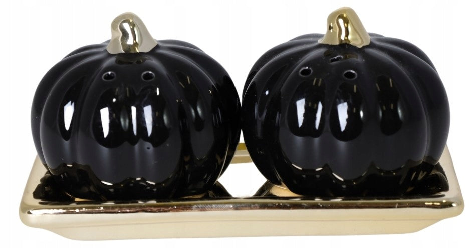 Pumpkin Salt and Pepper Set Black and Gold Ceramic on Base