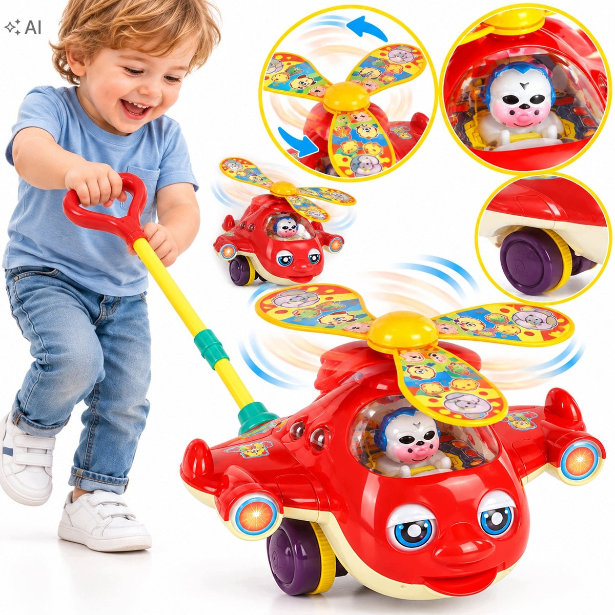 Pusher On Stick Helicopter Airplane With Sound For Kids 3+ For Pushing Movement