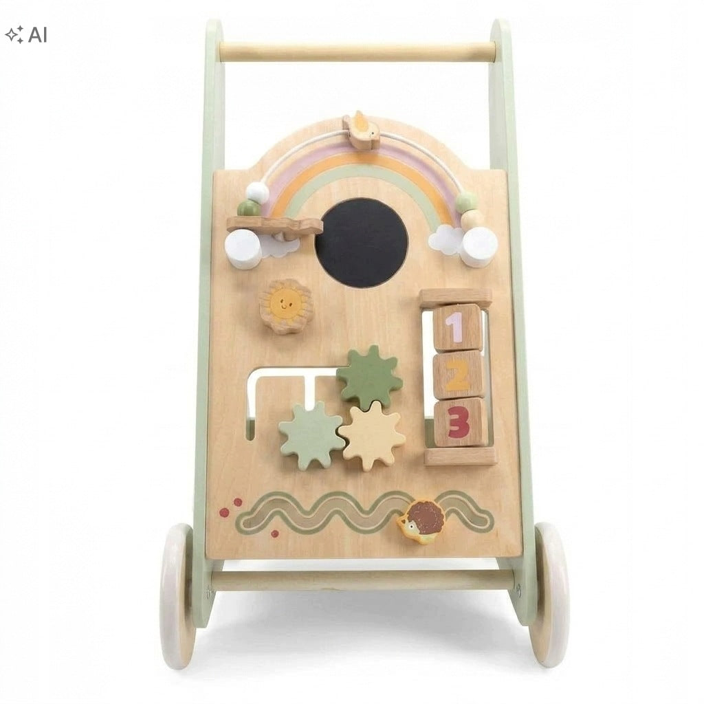 Pusher Walker Wooden For Children Montessori Sensory Educational Panel Packaging status original