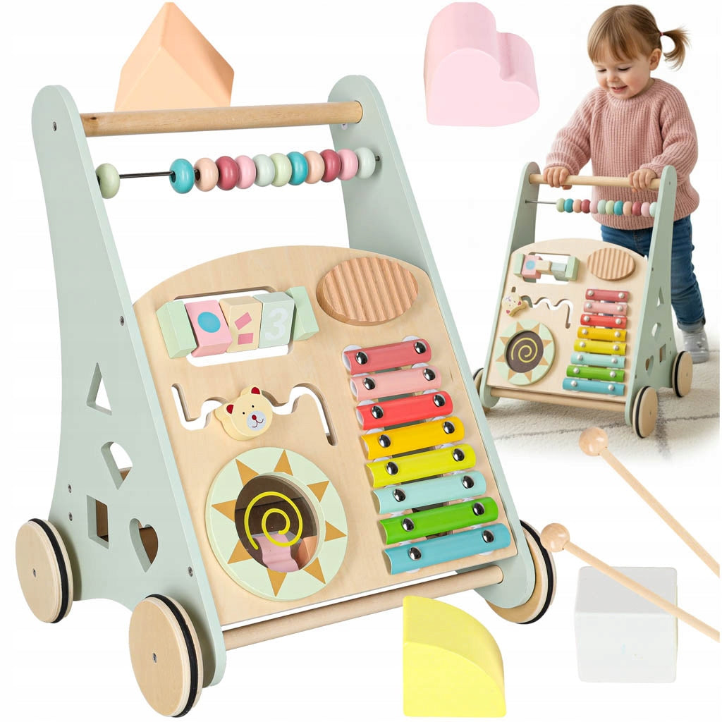 Pusher for baby wooden walker with abacus blue