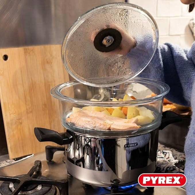 Pyrex - Dvojitý 20cm parní koš a víko s knoflíkem, borosilikátové sklo, EAN (GTIN) 4023994060207