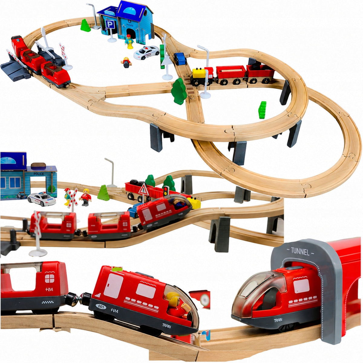 QUEUE WOODEN TRACKS WAGONS BATTERY-OPERATED TRAIN POLICE STATION