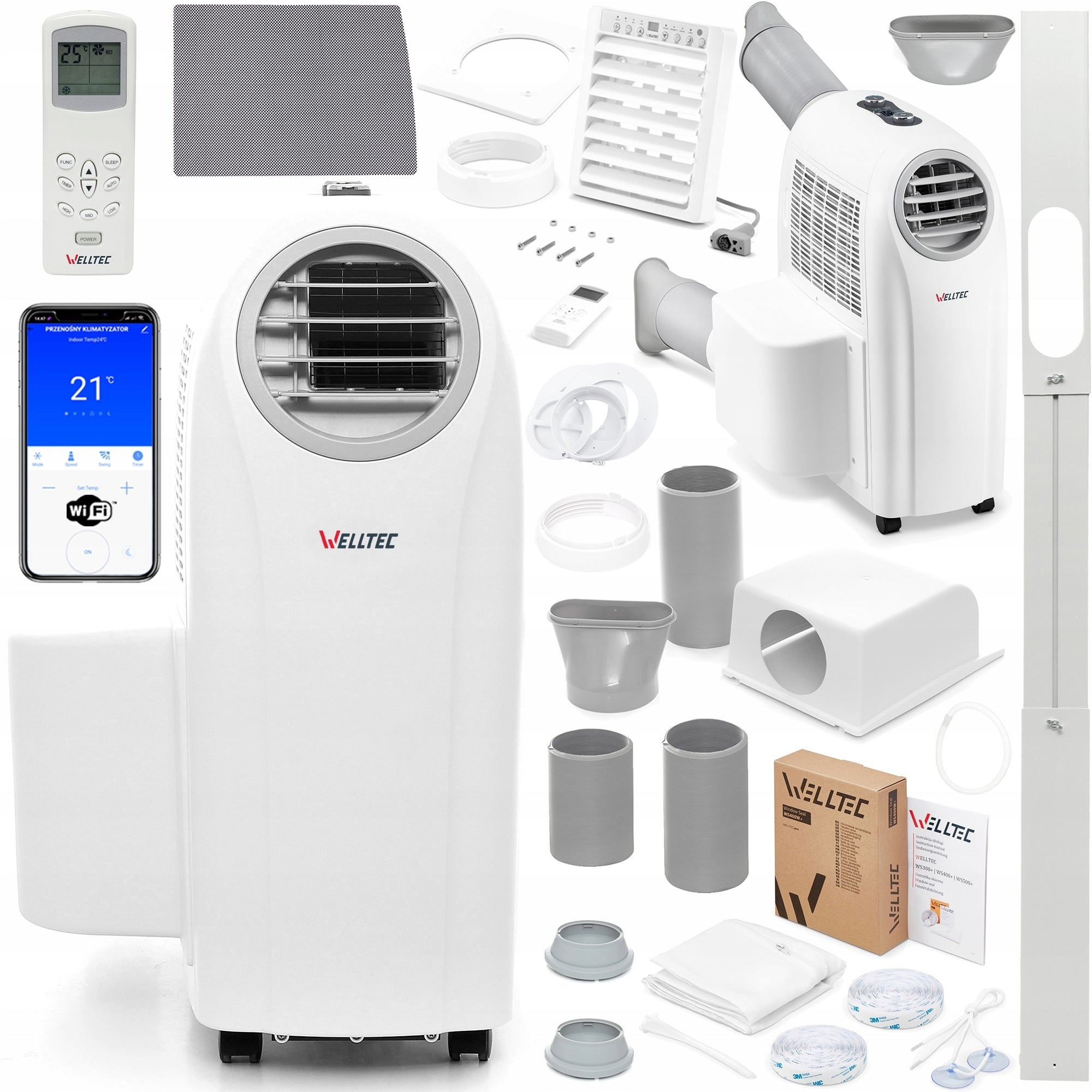 QUIET PORTABLE AIR CONDITIONER WELLTEC ACH1414PRO 6in1 WiFi 4kW 75m² WITH PLENUM