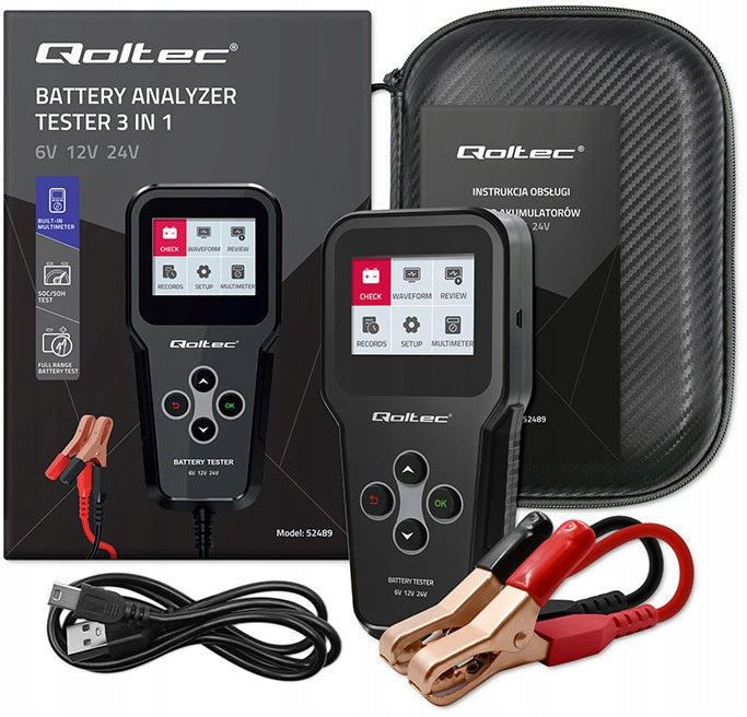 Qoltec 3-in-1 Digital Battery Tester with 6V 12V 24V LCD Display