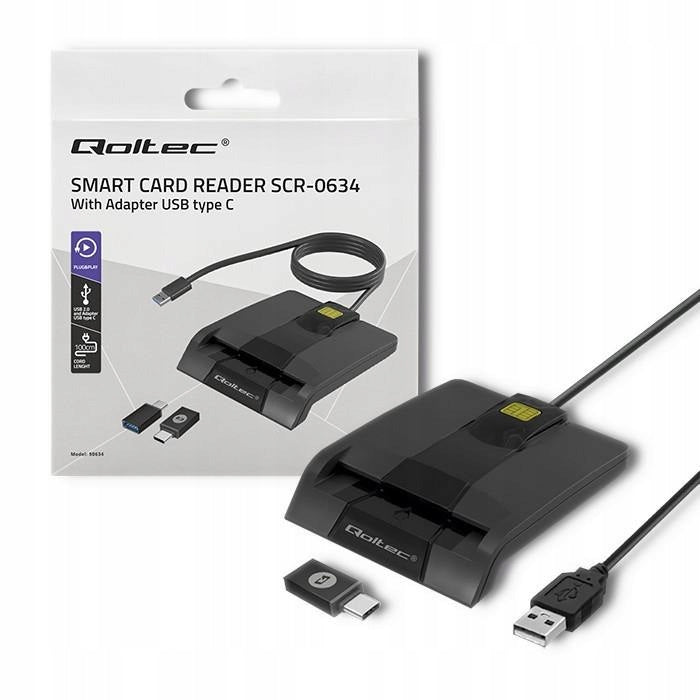 Qoltec SCR-0634 chip card reader | USB 2.0 + USB-C adapter