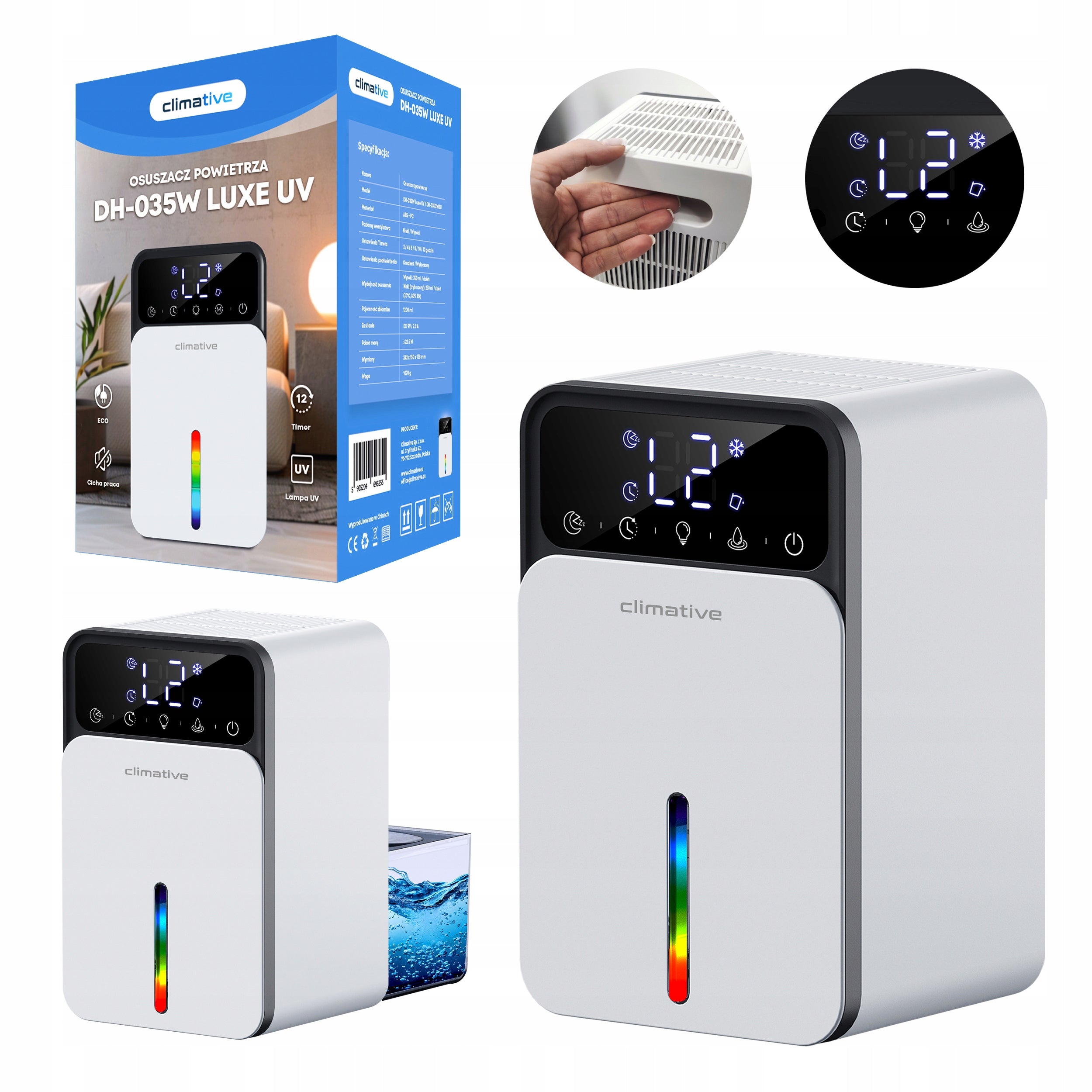 Quiet Moisture Absorber 1200ML Dehumidifier LUXE Efficient LED+ UV