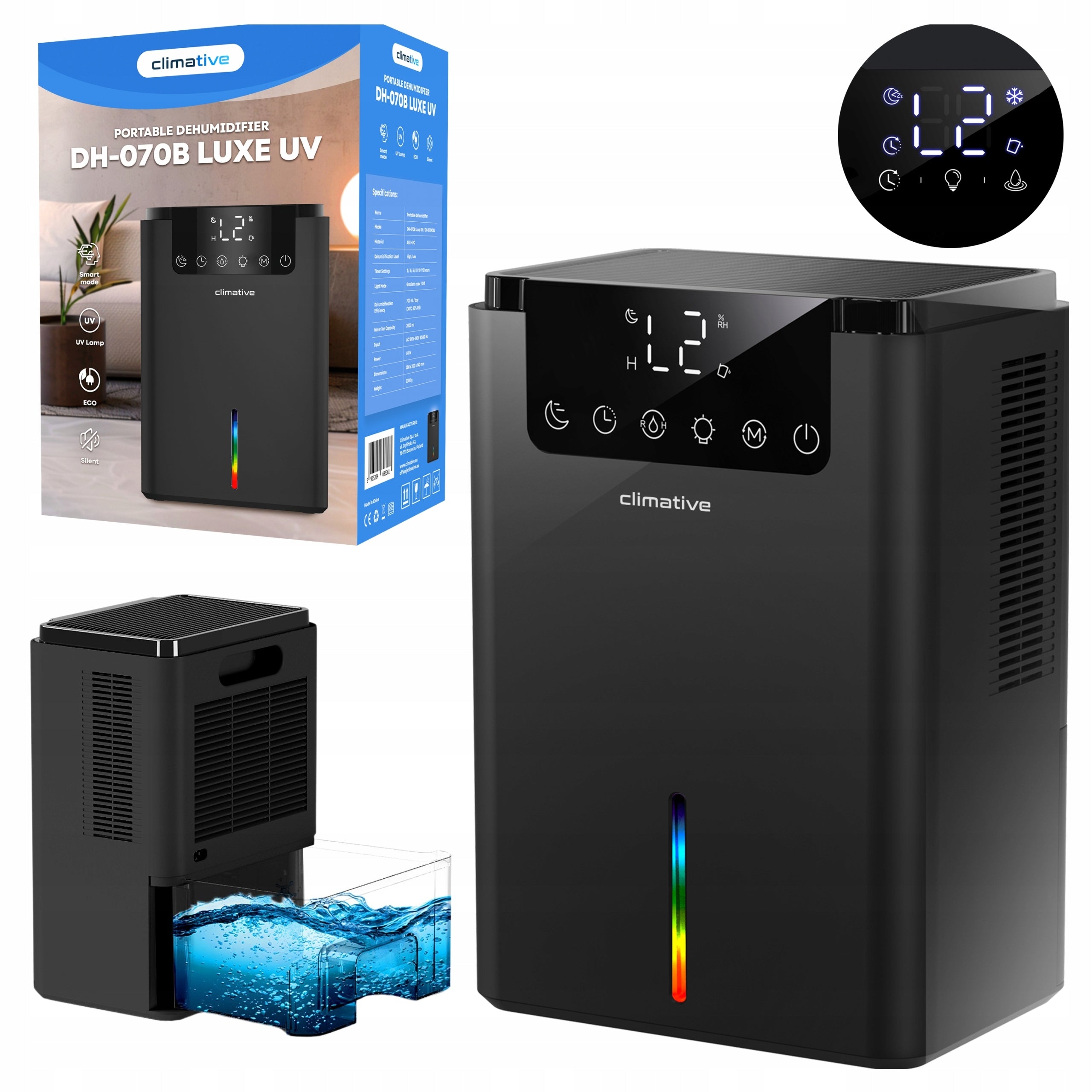 Quiet Moisture Absorber XXL Dehumidifier LUXE 2000ML UV Black