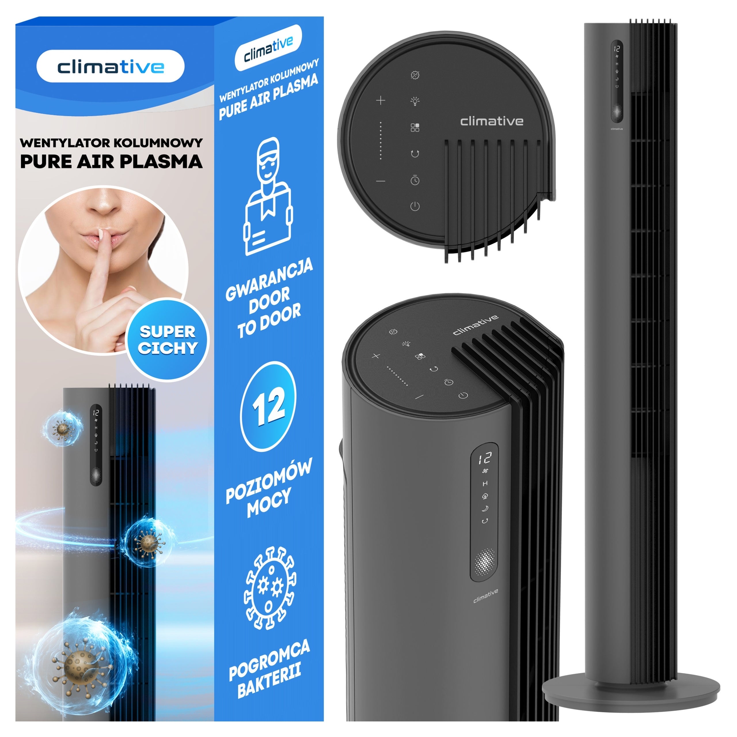 Quiet column fan 12 levels PURE Plasma ionization black XXL