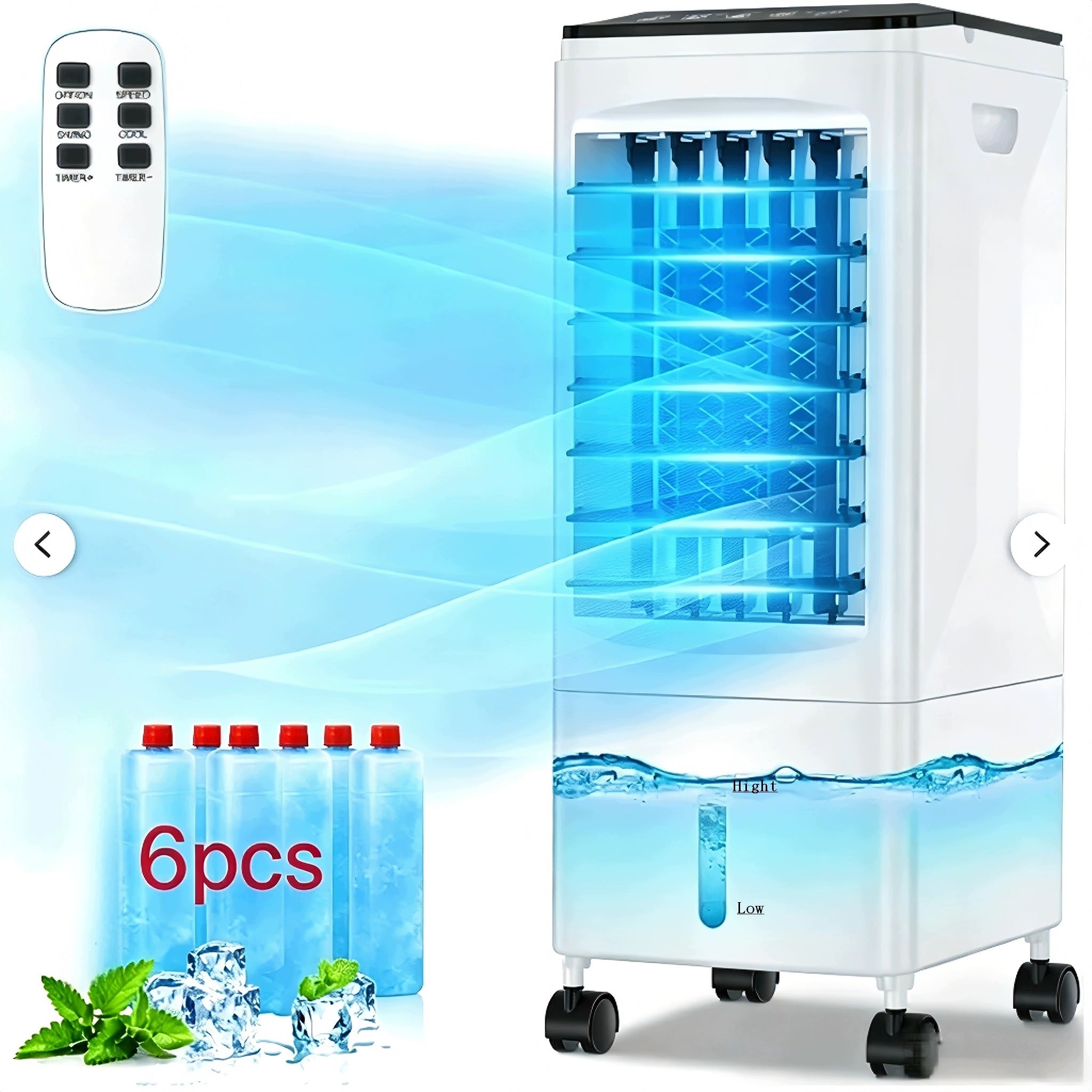 Quiet, energy-saving cooling fan; 10L water tank + 6 ice packs