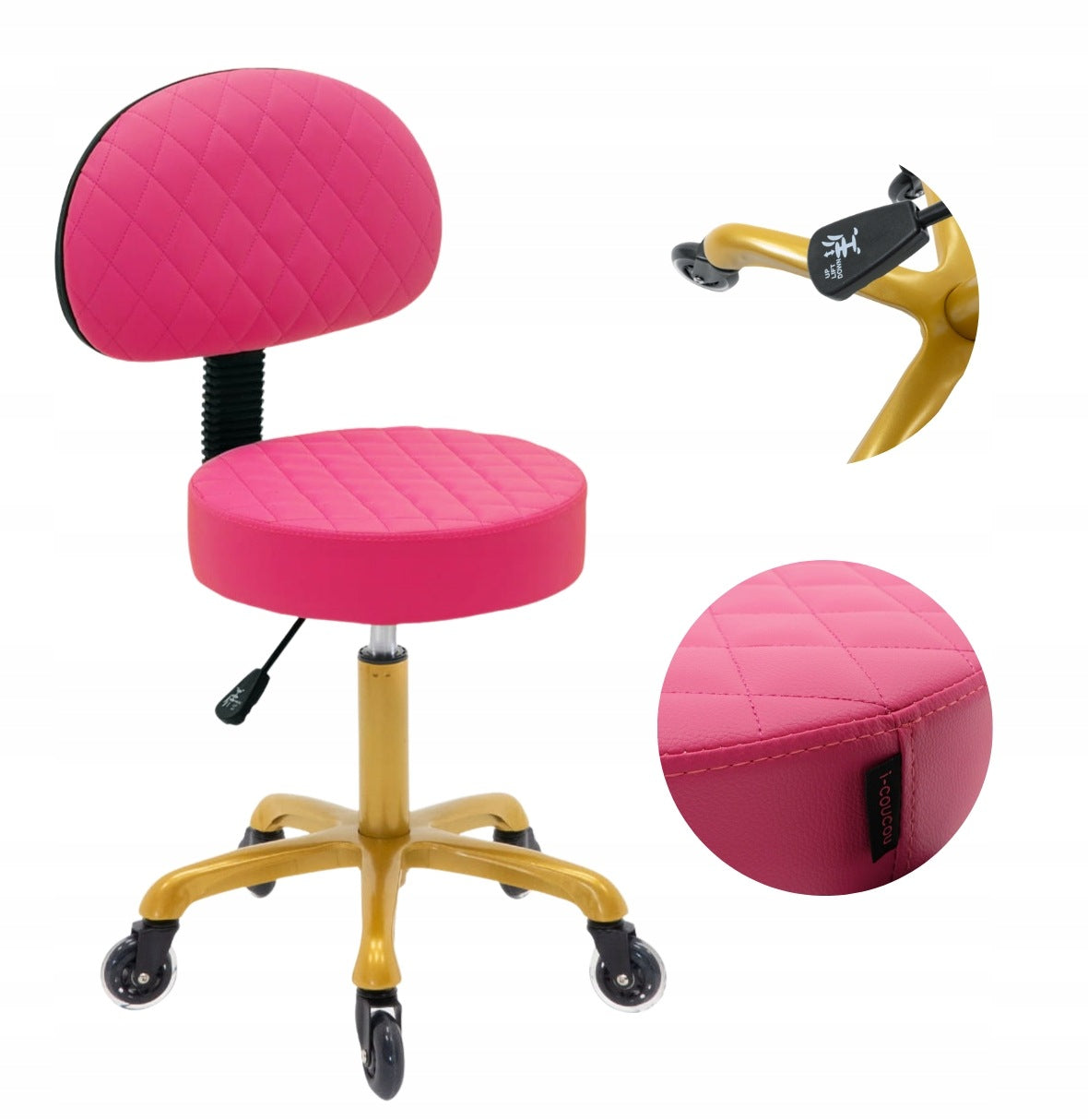 Quilted Flat Cosmetic Stool with Backrest PINK- GOLD