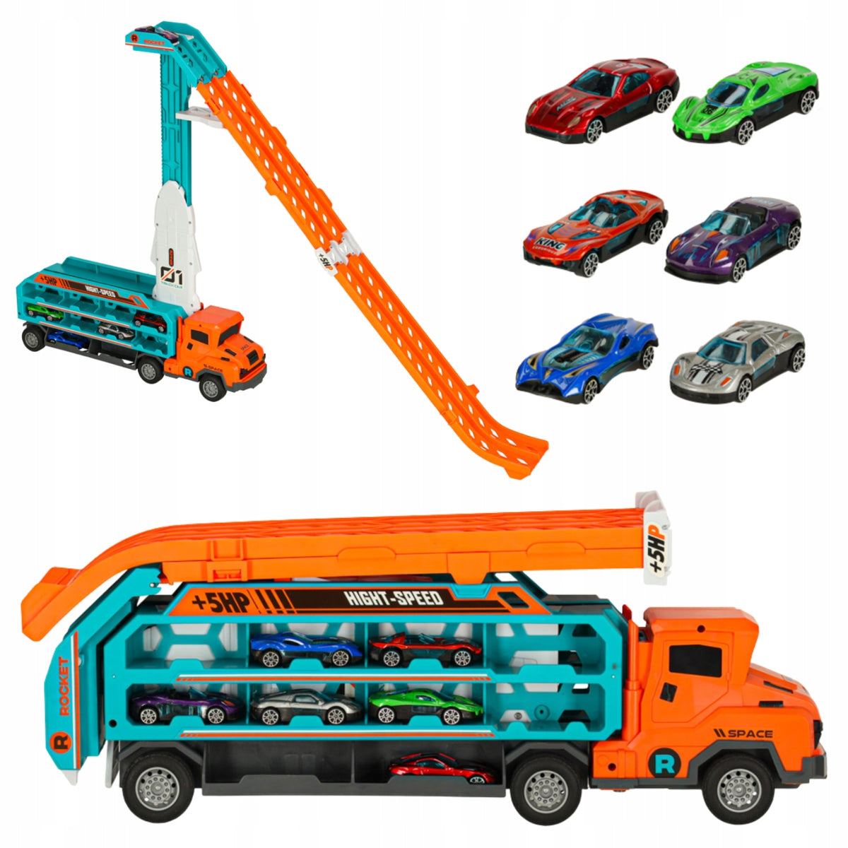 RACE TRACK TOW TRUCK TRANSPORTER 2IN1 CARS FOR CHILDREN 6 CARS SET