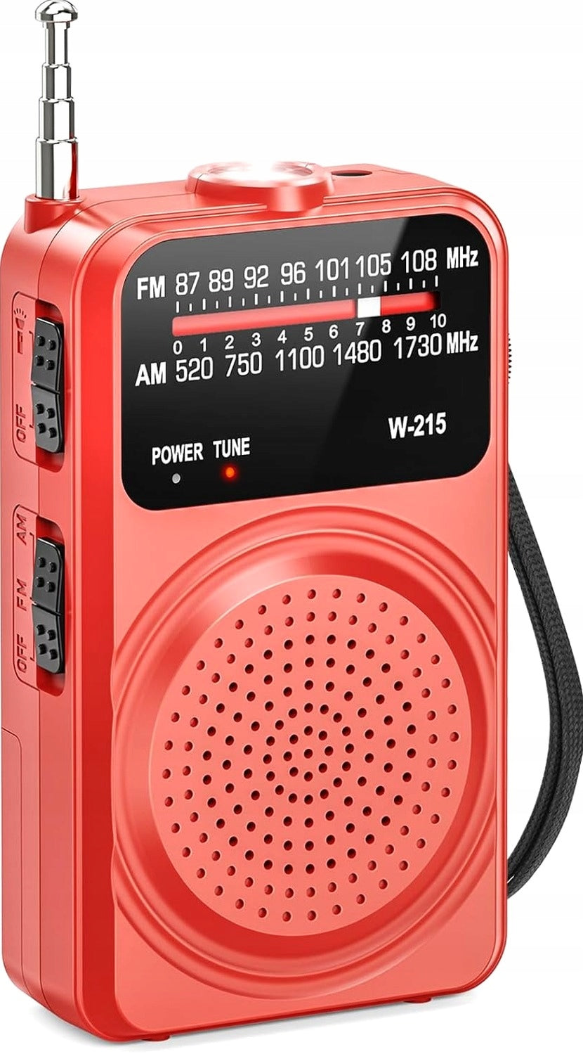 RADIO PORTABLE SMALL RED POCKET FM AM UNIVERSAL FLASHLIGHT